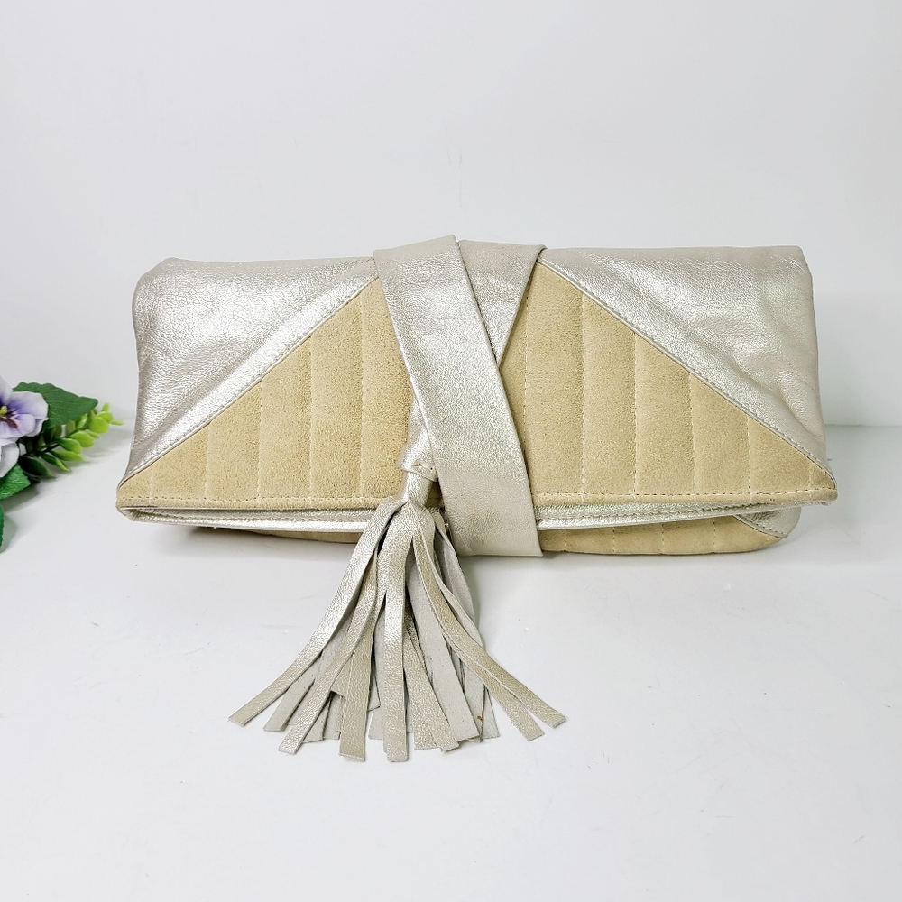 Goldenbleu Gold Genuine Leather Tan Suede Quilt Wrap Around Fringe Clutch Bag